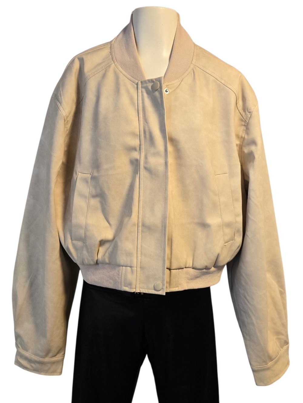 Hunter & Brown Cream Faux Leather Bomber Jacket Cropped‎ Size XL